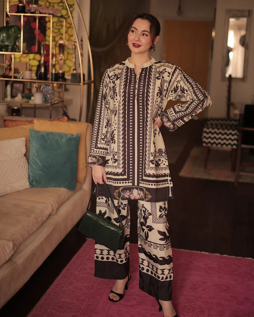 Printed co-ord set: long tunic with patterned border and tapered cropped pants