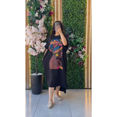 Long loose printed top tee, dark black with colorful graphic front