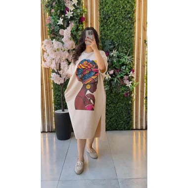 Long loose printed top tee, beige with colorful graphic front