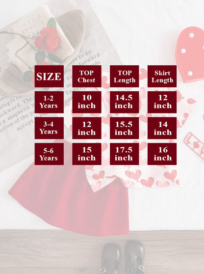 Girls Cupid Hearts outfit size chart with top and skirt measurements