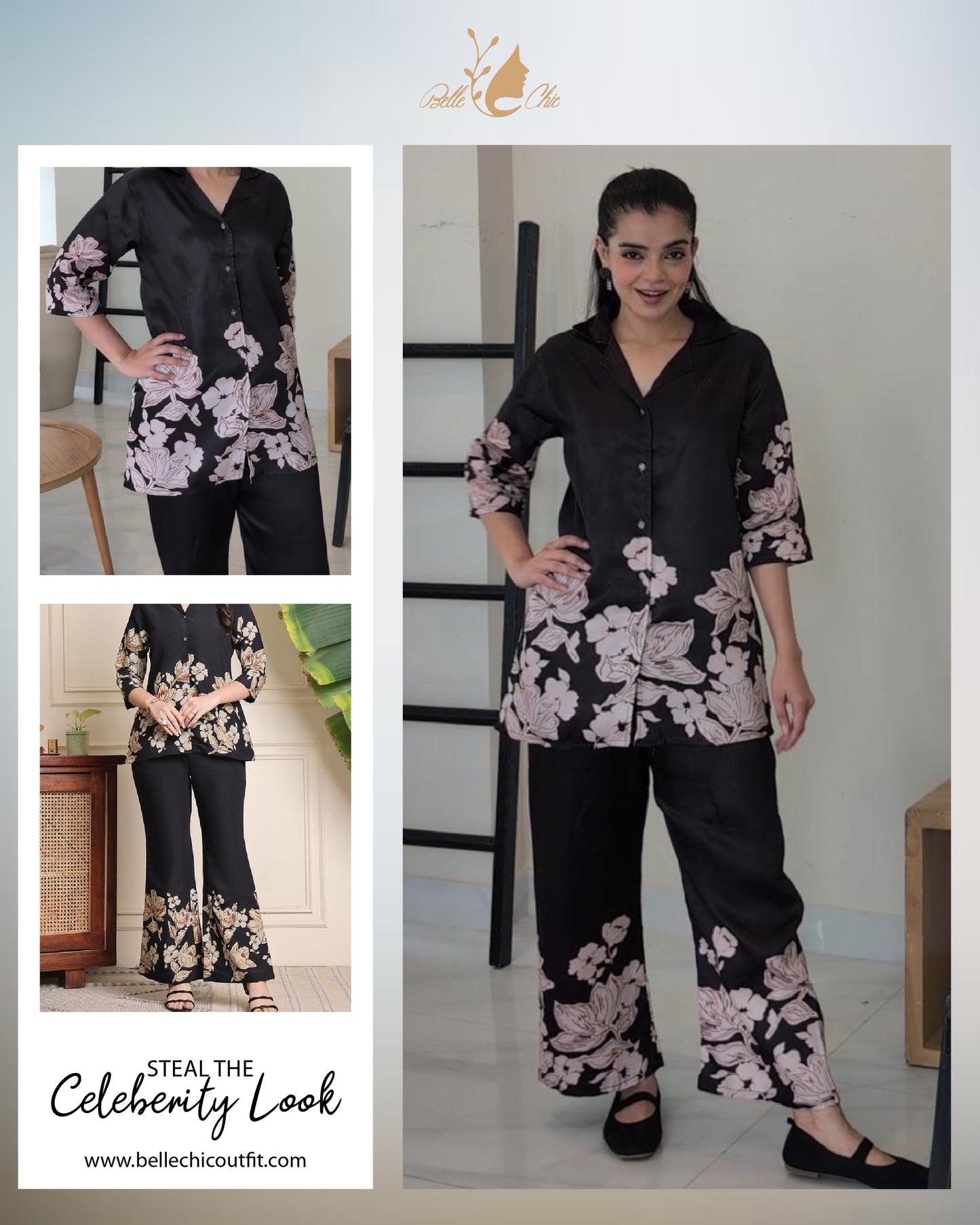 Black floral co-ord set showing blouse and wide-leg trousers with allover blooms