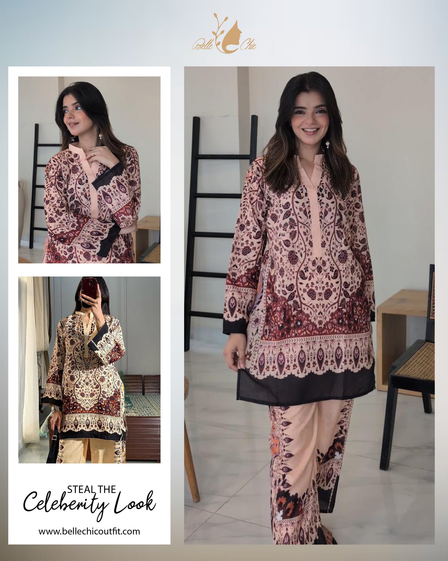 Floral co-ord set in pink and beige: long kurta tunic with matching printed pants