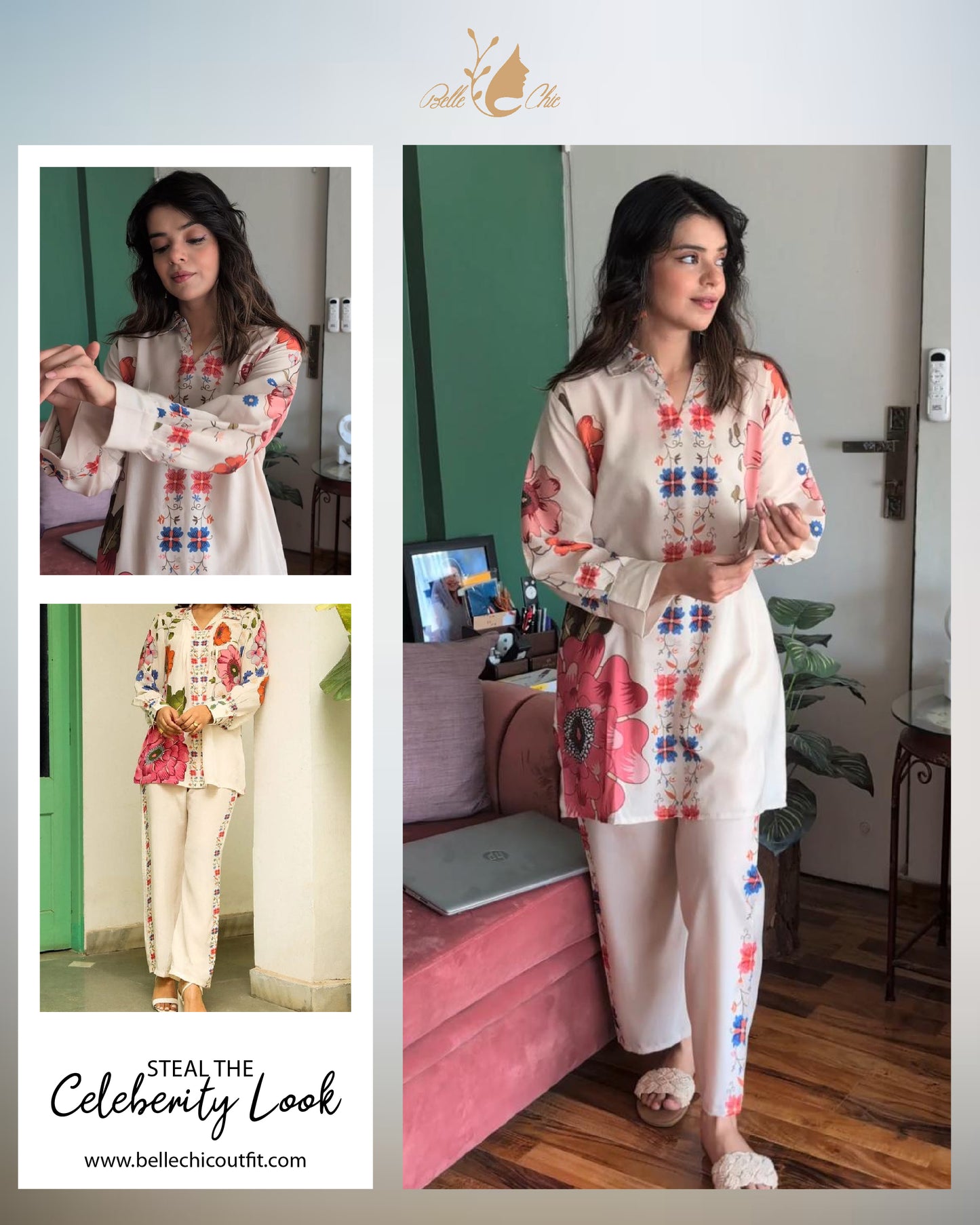 Printed cream co-ord set collage: long shirt and floral pants, multiple angles