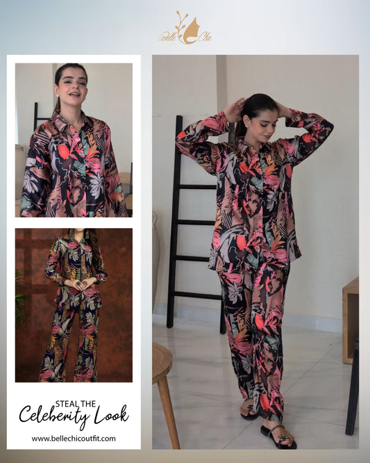 Floral Printed Shirt Collar Tunic with Trousers Co-Ord Set