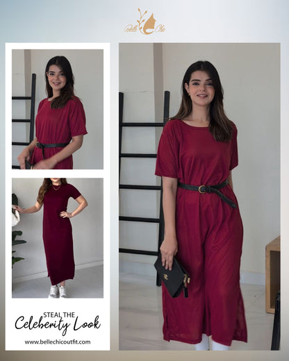 Burgundy short-sleeve long top dress with round neckline and tied waist belt.