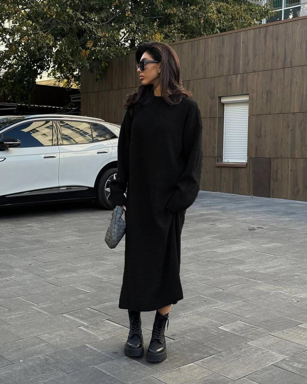 Black balloon-sleeve maxi dress with long sleeves and straight skirt