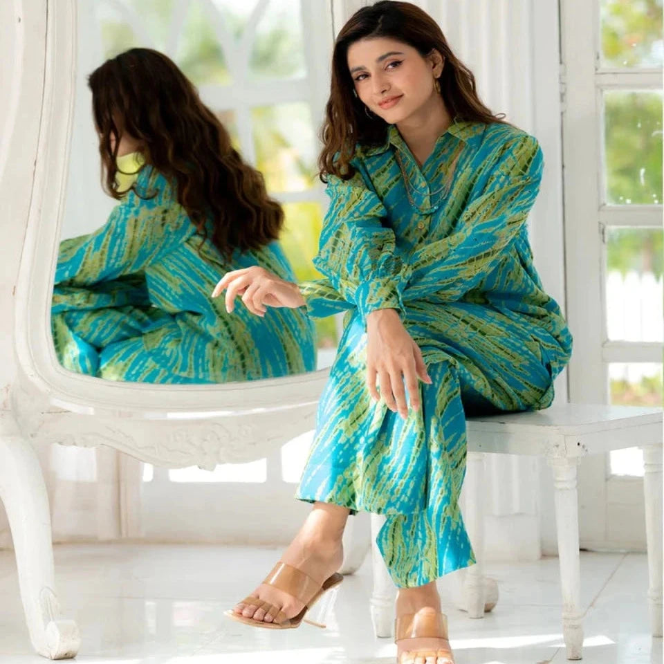 Turquoise patterned co-ord set with long-sleeve button shirt and wide-leg pants