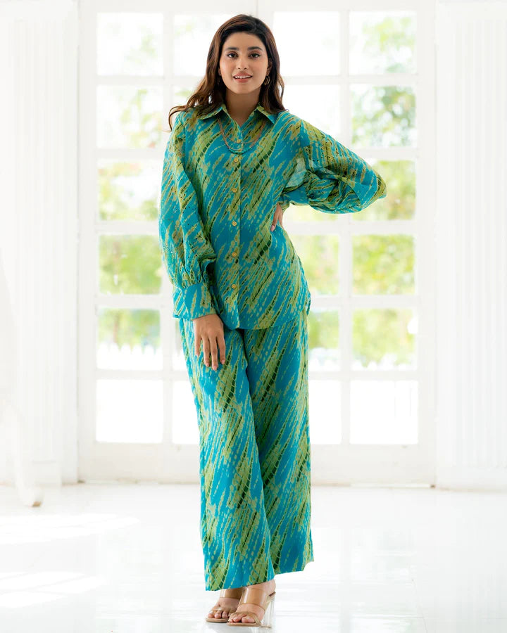 Turquoise patterned co-ord set, long-sleeve button shirt with matching wide-leg pants