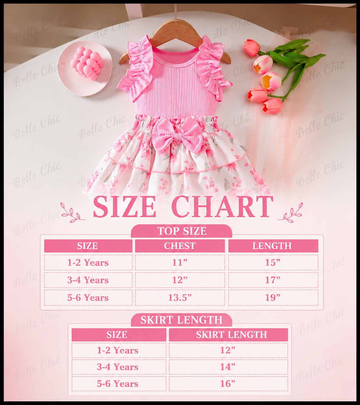 Girls pink ruffle dress set with striped bodice and tiered floral skirt