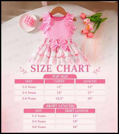 Girls pink ruffle dress set with striped bodice and tiered floral skirt