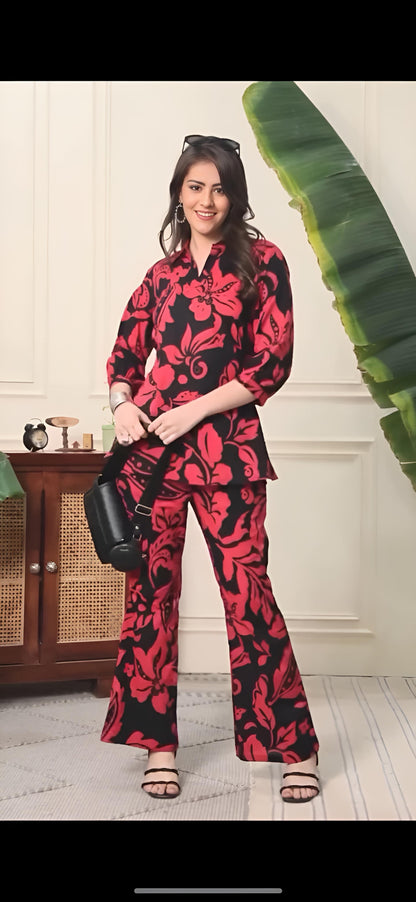 Black and red floral printed co-ord set with wide-leg trousers and button-front top