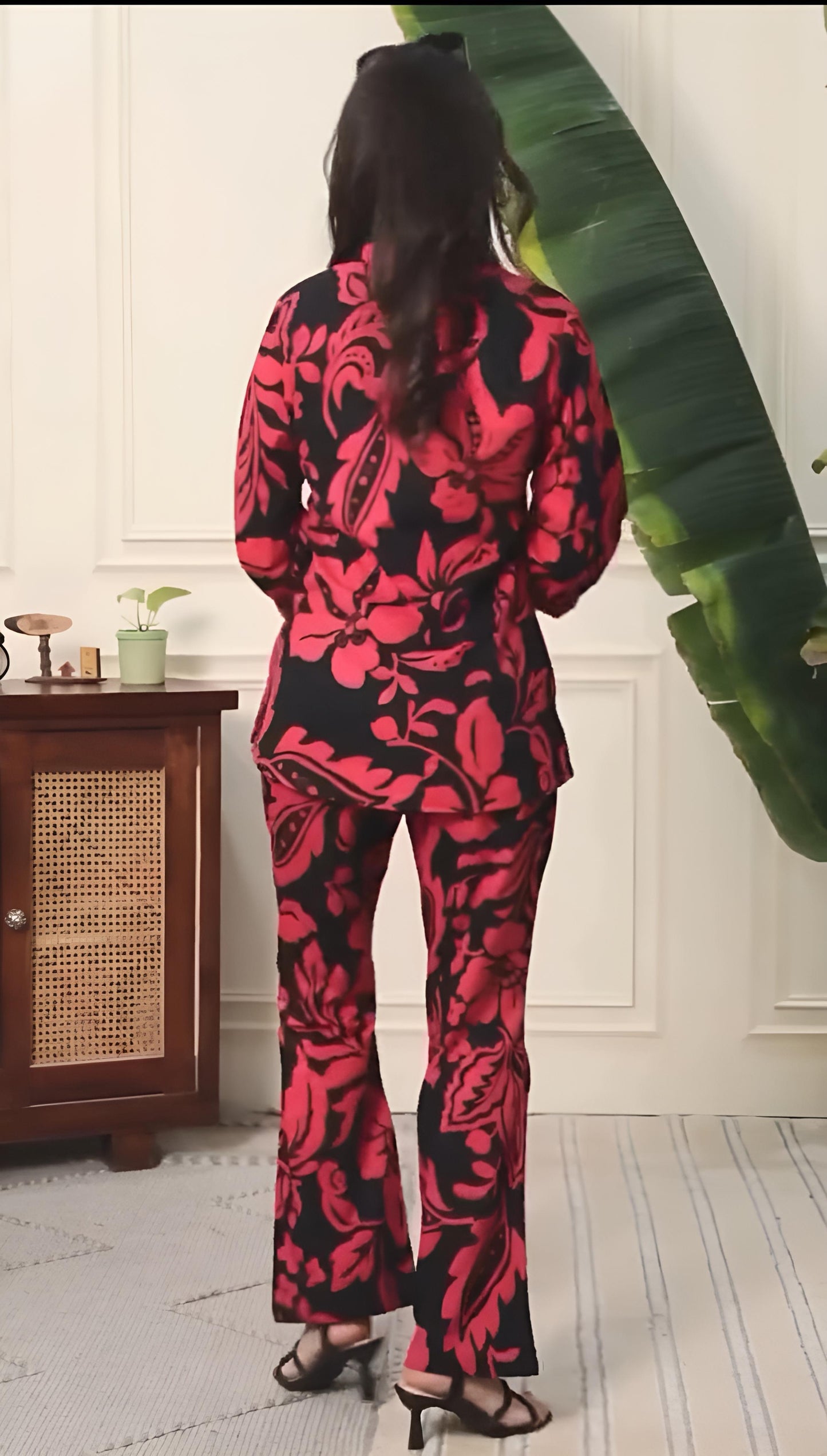 Black and red floral printed co-ord set, back view of wide-leg trousers and shirt top