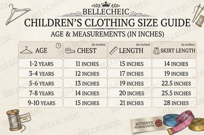 Children's clothing size guide chart with skirt length measurements for Rainbow Bloom Skirt