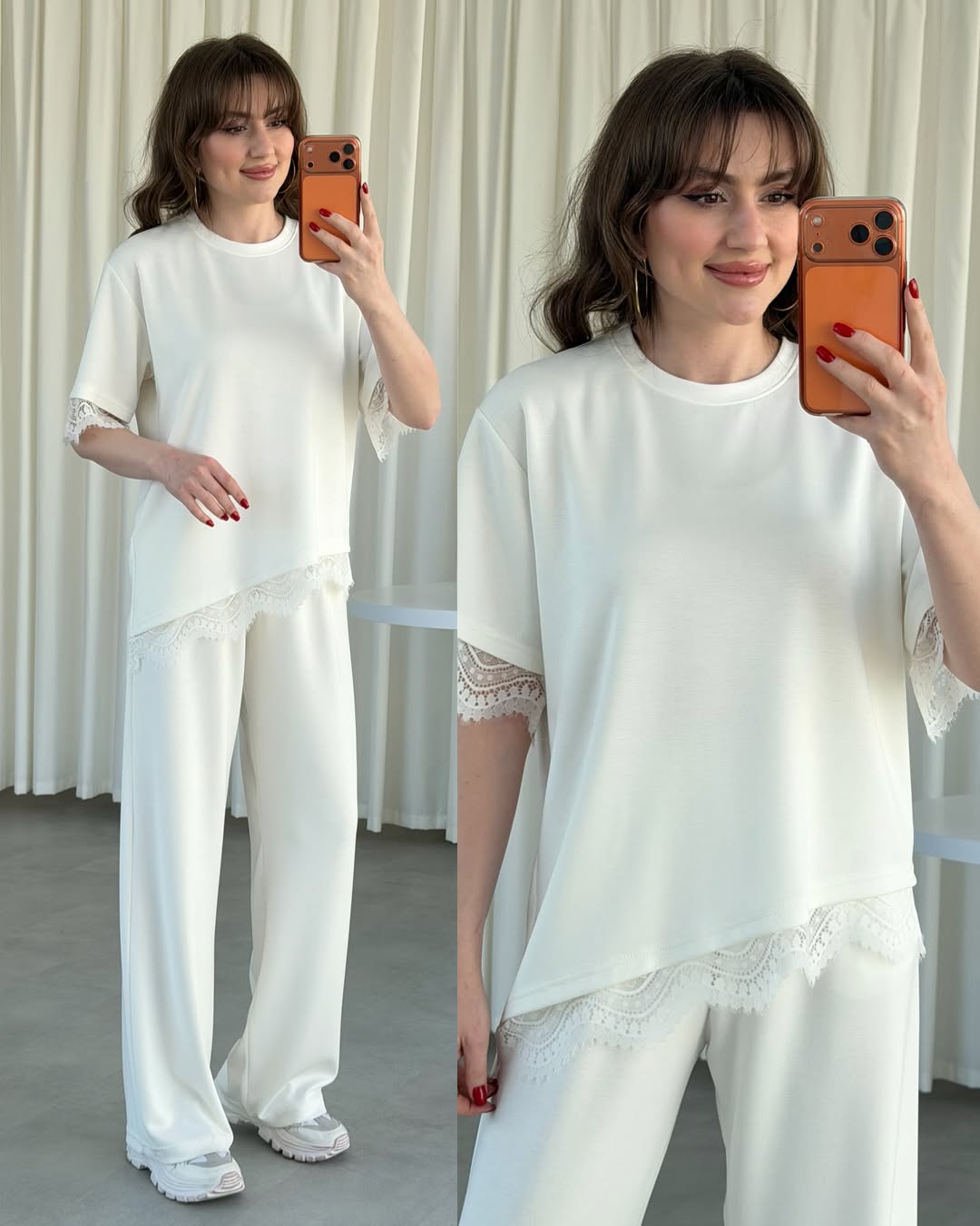 White lace-trim pajama set with short-sleeve top and wide-leg pants