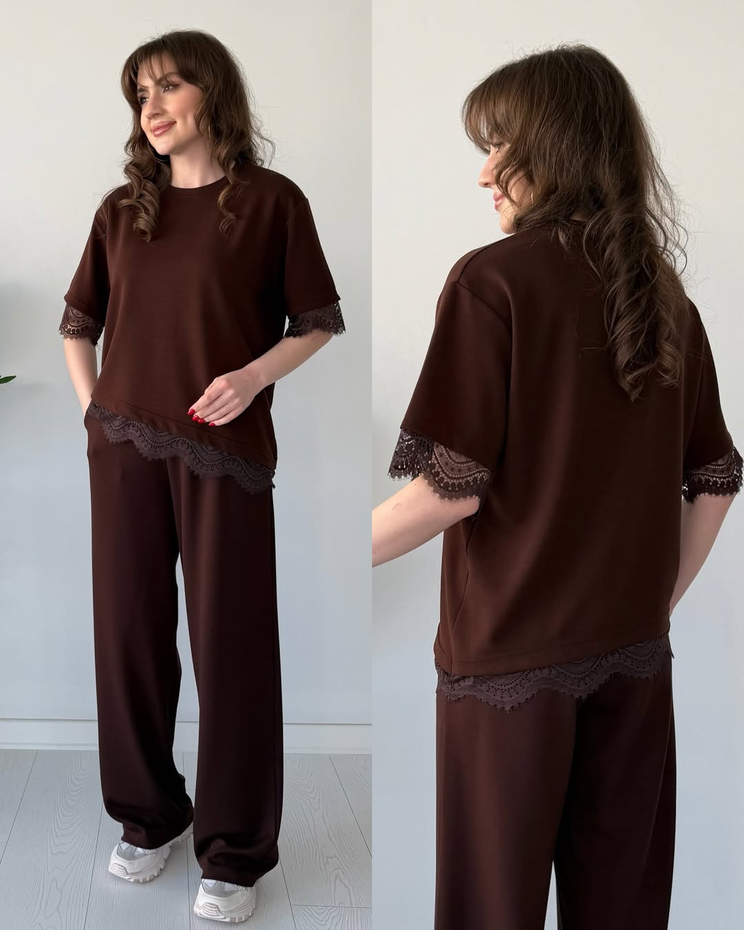 Brown lace-trim pajama set with short sleeves and wide-leg pants