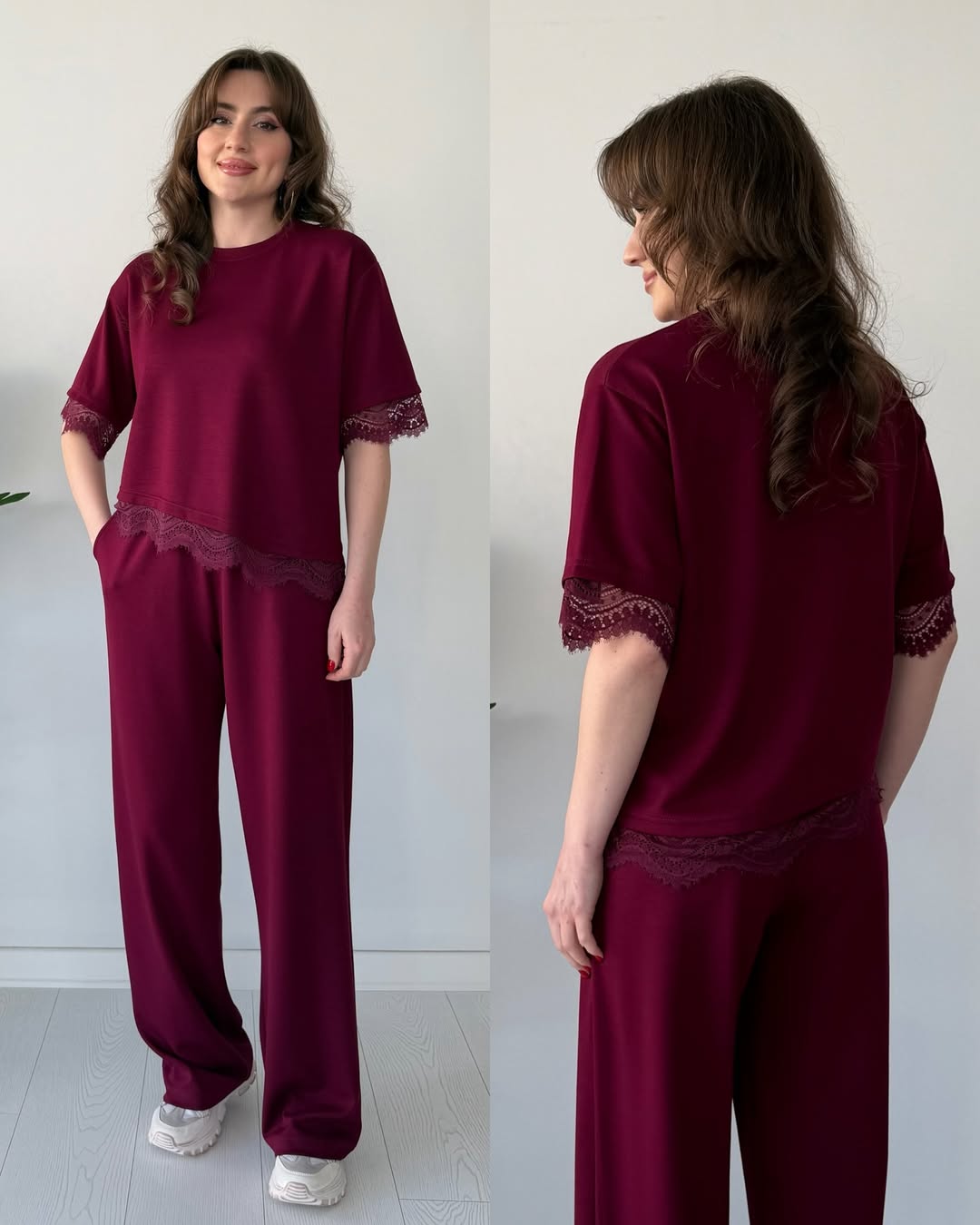 Maroon lace-trim pajama set with short-sleeve top and loose wide-leg pants