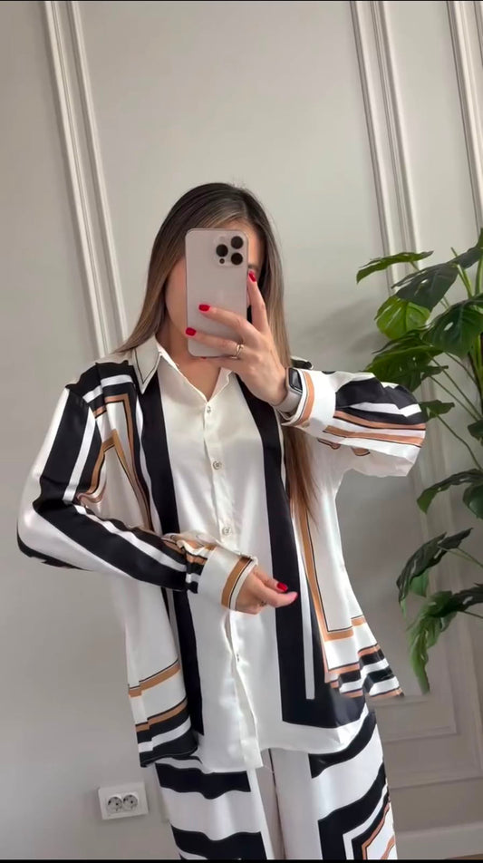 Striped long shirt and wide-leg pants co-ord set with gold-toned trim