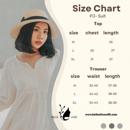 Size chart for pajama set suit: top chest/length and trouser waist/length, S-XL