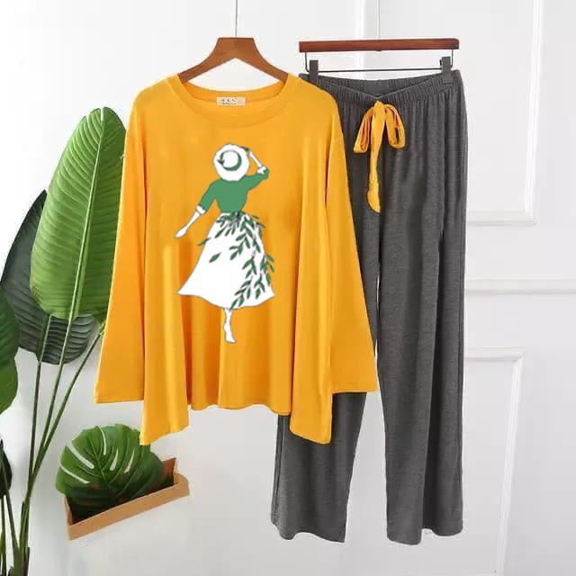 Printed loungewear set with yellow long-sleeve top and charcoal gray drawstring pants