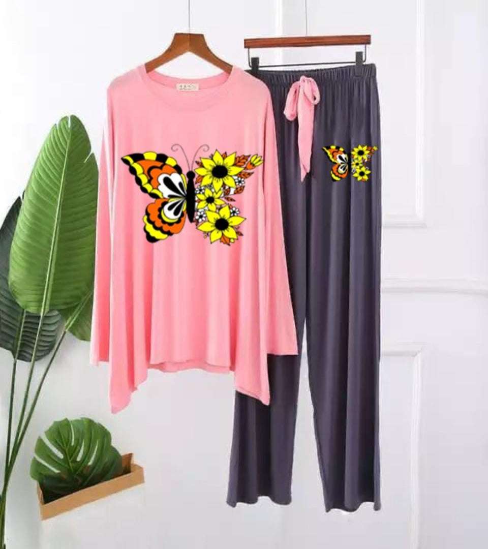 Women's butterfly printed loungewear: pink top and dark gray drawstring pants