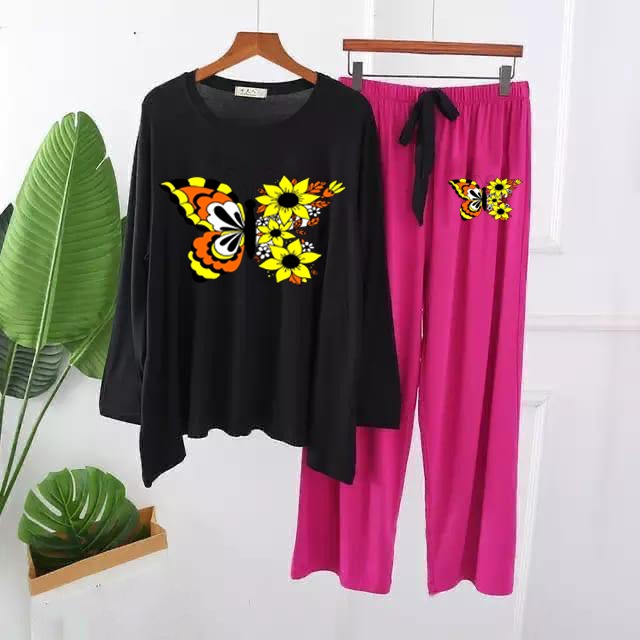 Women's butterfly printed loungewear: black top and fuchsia drawstring pants