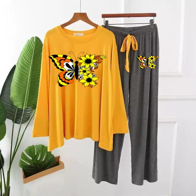 Women's butterfly printed loungewear: yellow top and gray drawstring pants