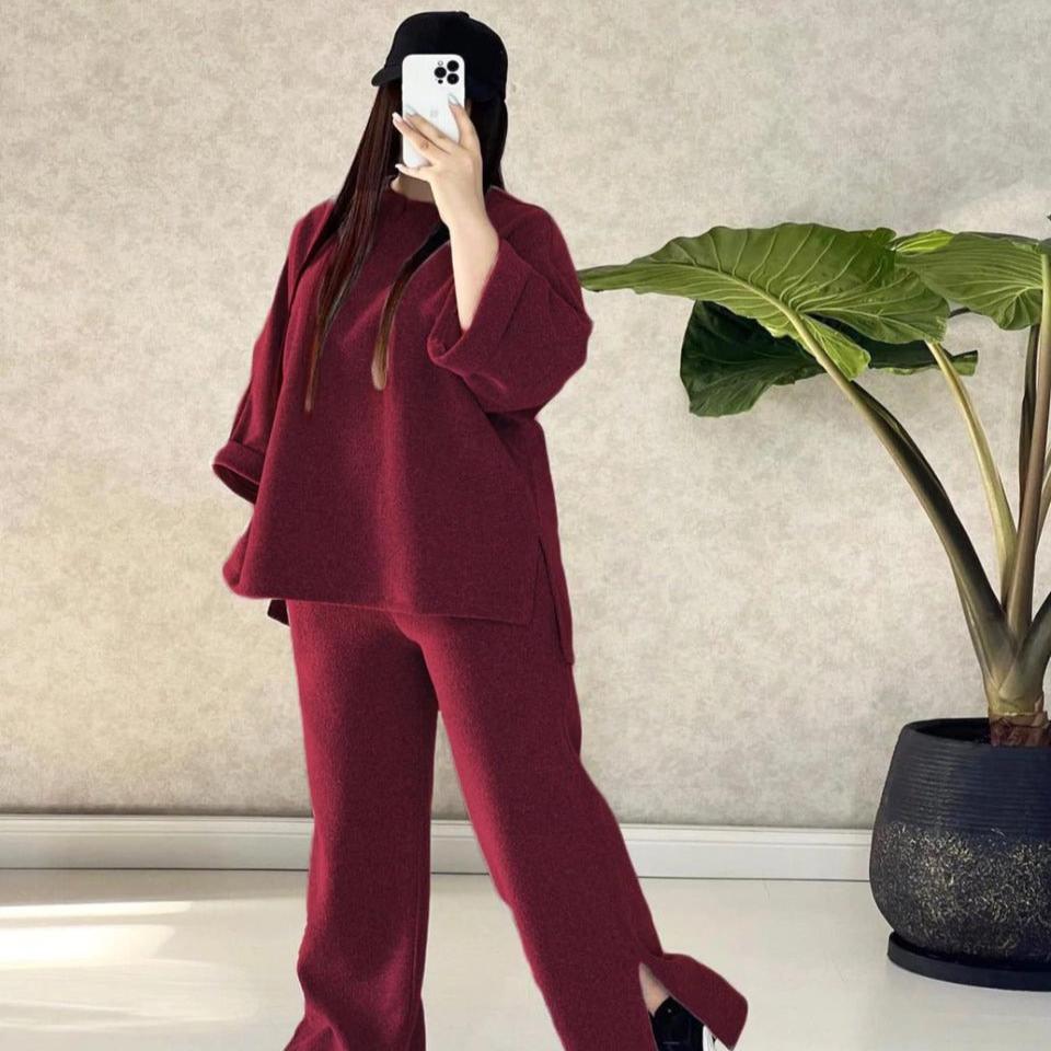 Maroon two-piece outfit with V-neck long-sleeve top and wide-leg pants