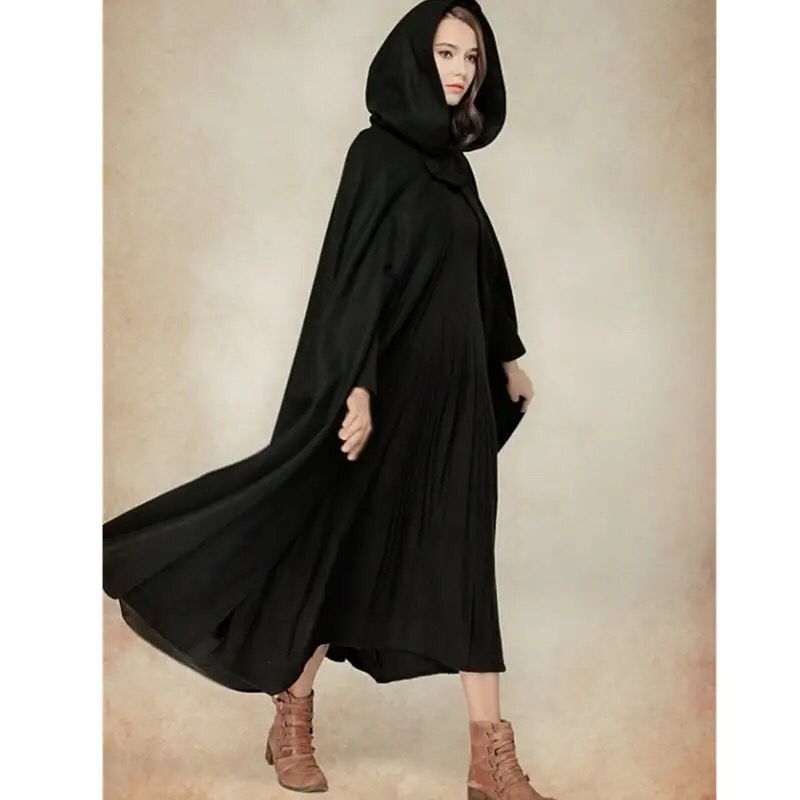 Black hooded long cape cloak coat with flowing sleeves and front tie detail