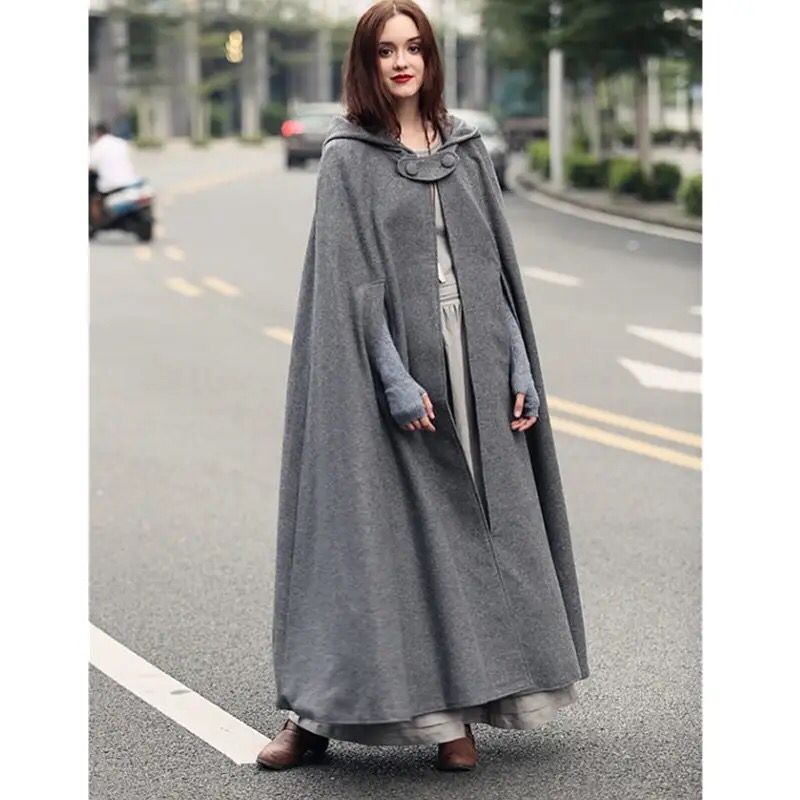 Grey hooded long cape coat with cowl neckline and draped front