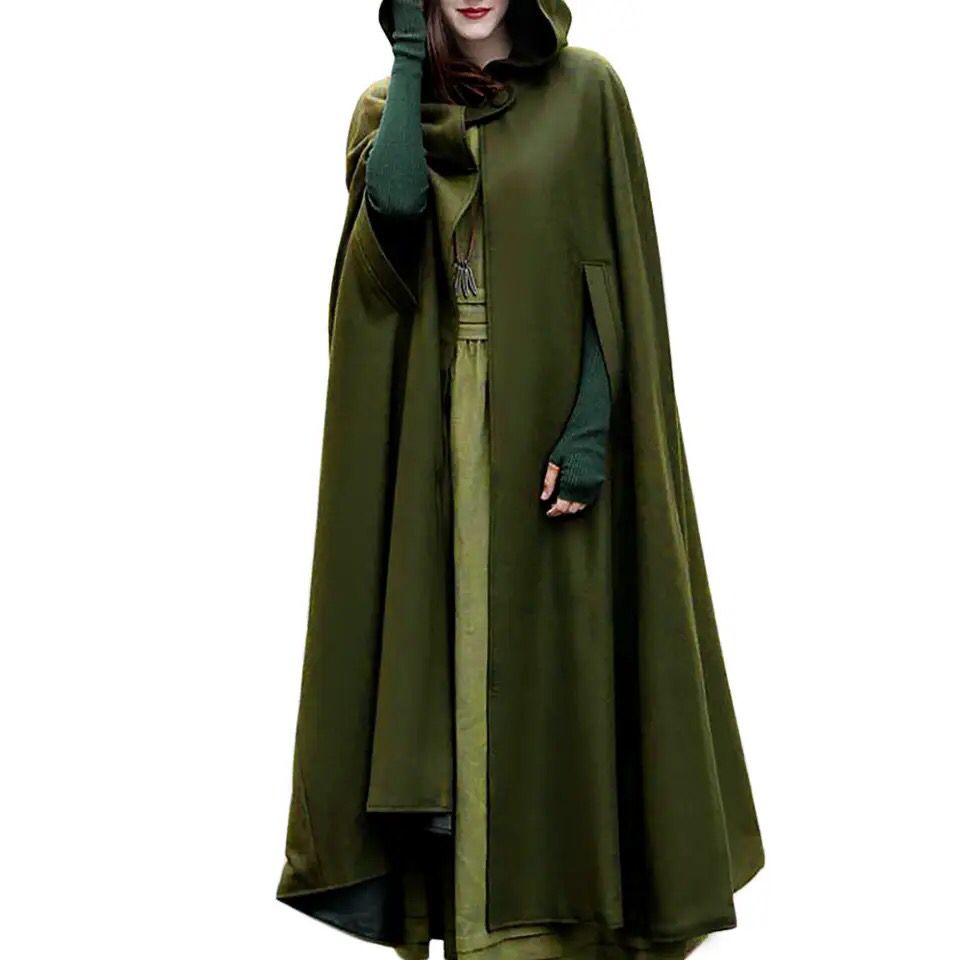 Green hooded long cape cloak coat with open front and side pockets