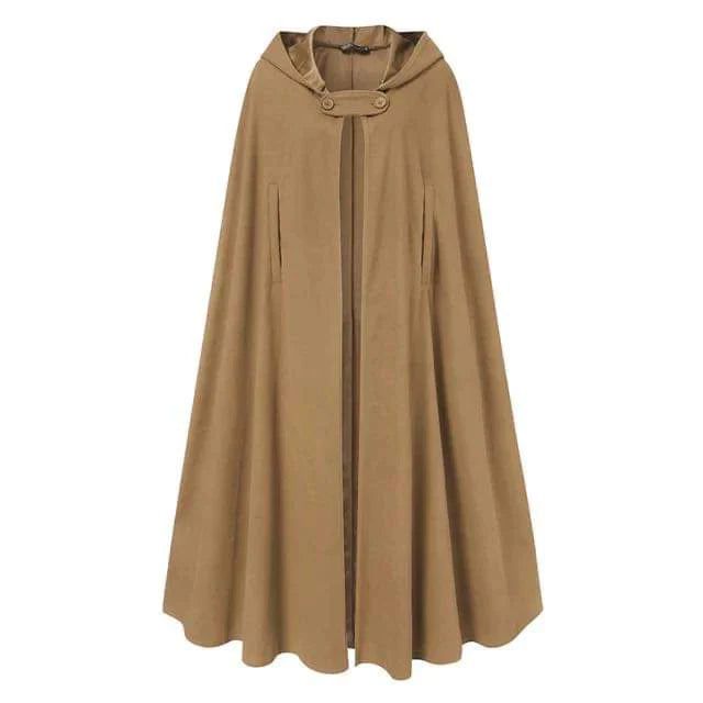 Camel hooded long cape coat with buttoned placket and side pockets