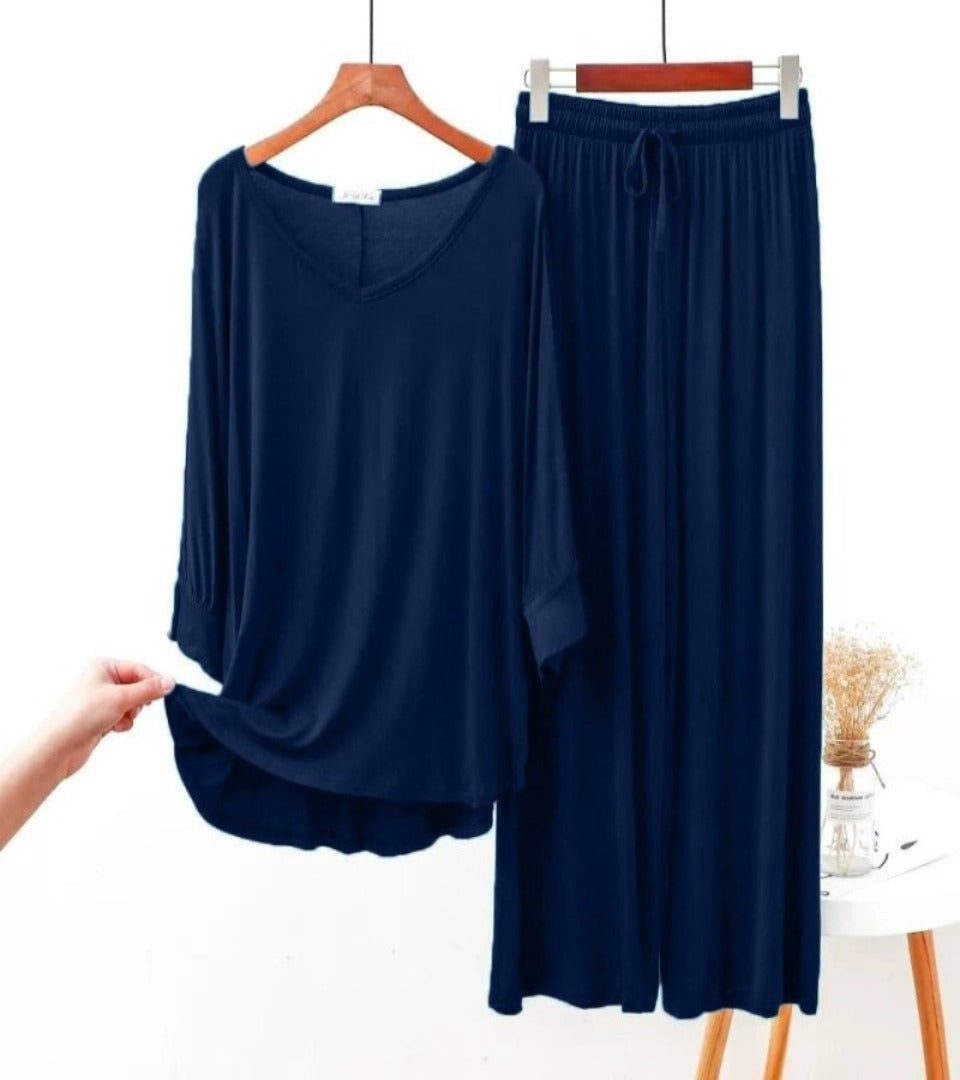 Navy V-neck lounge set: long-sleeve top and drawstring wide-leg pants, 2-piece.