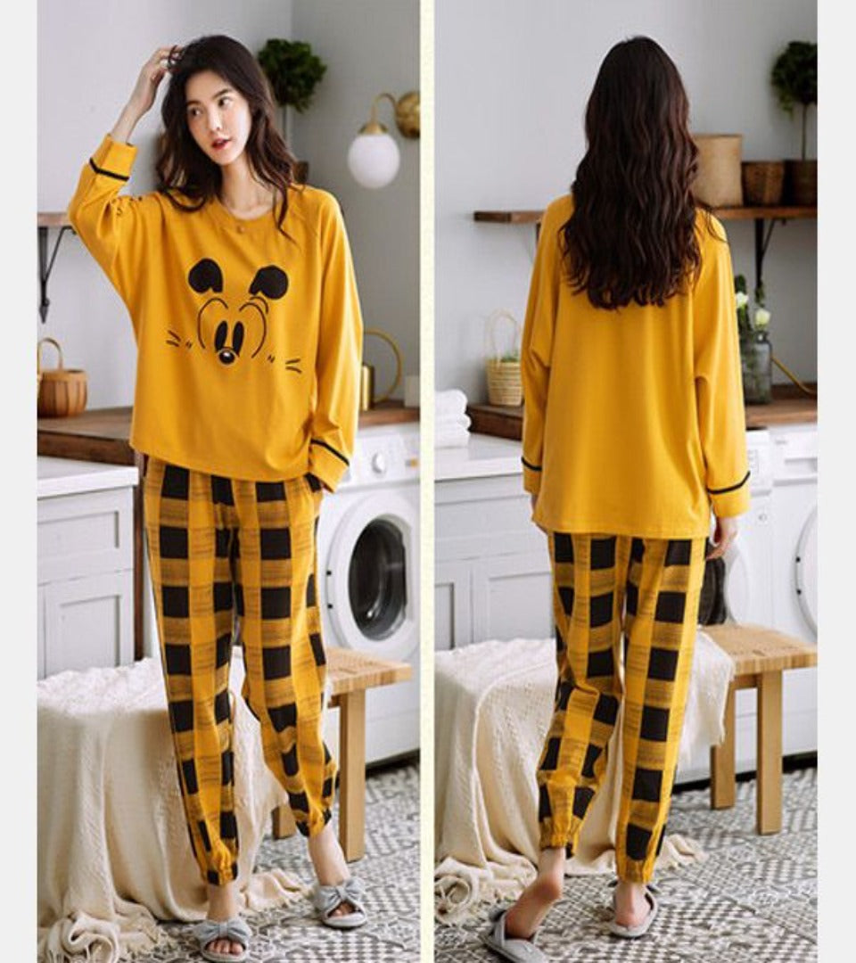 Women’s yellow Mickey-eye PJ set: long-sleeve top and plaid pajama pants