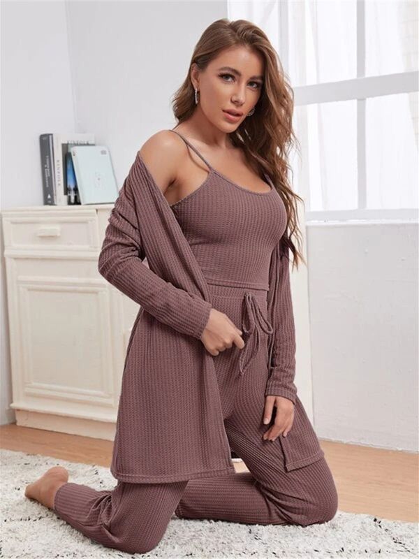 Mauve 3-piece lounge set: ribbed cami top, long sleeve shrug, drawstring trousers