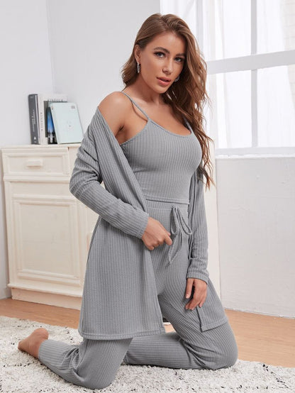 Grey 3-piece lounge set: ribbed cami top, long shrug, drawstring trousers