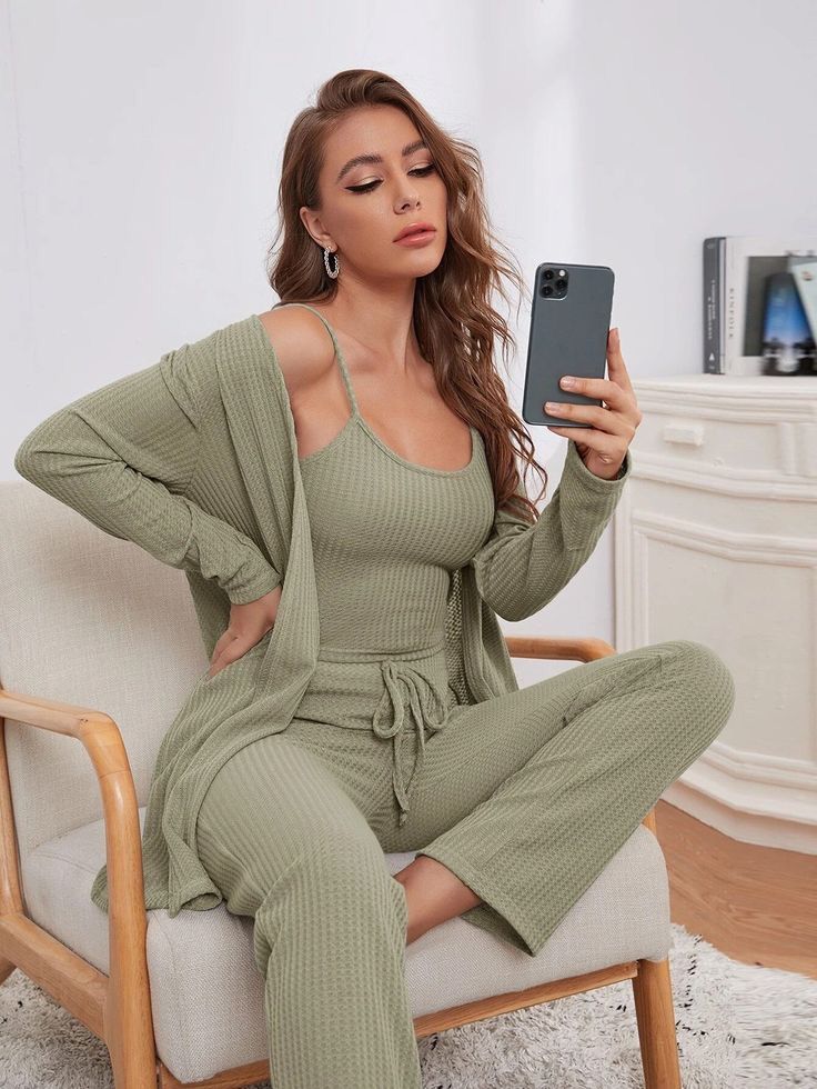 Light green 3-piece lounge set: ribbed cami top, long sleeve shrug, drawstring trousers