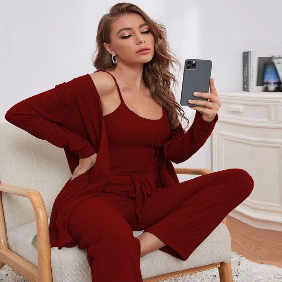 Burgundy 3-piece lounge set: ribbed cami top, long sleeve shrug, drawstring trousers