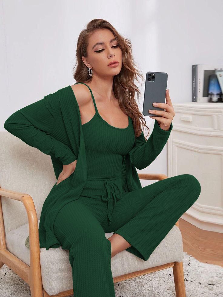 Green 3-piece lounge set: ribbed cami top, long sleeve shrug, drawstring trousers