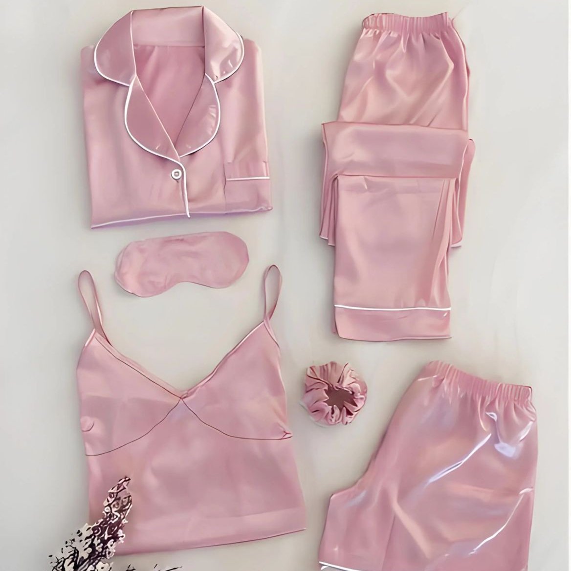6-piece silk set, pink: pajama top, drawstring pants, camisole, shorts, sleep mask