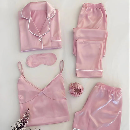 6-piece silk set, pink: pajama top, drawstring pants, camisole, shorts, sleep mask