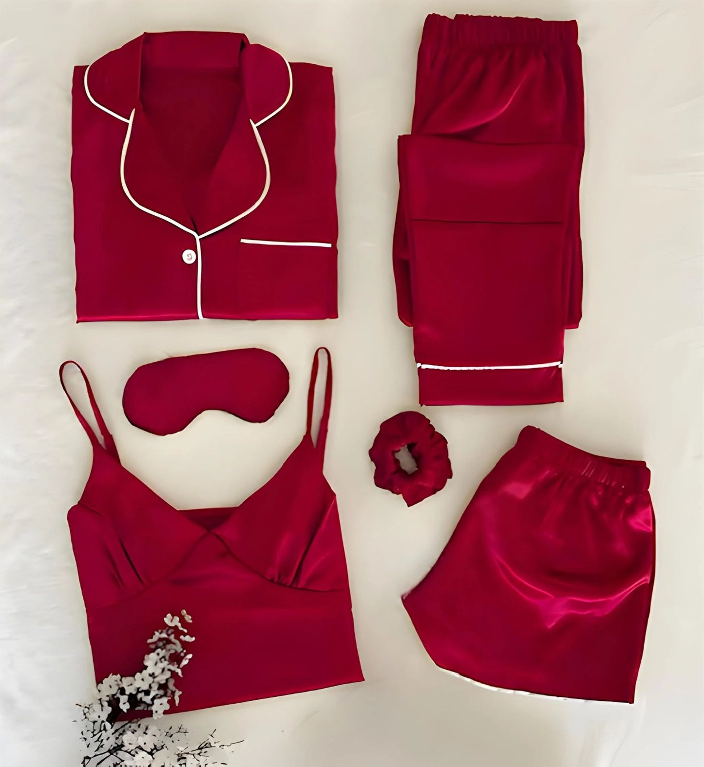 6-piece silk set, dark red: pajama top, drawstring pants, camisole, shorts, sleep mask
