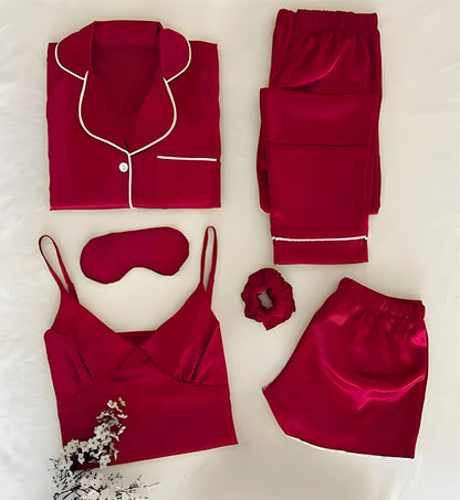 6-piece silk set, dark red: pajama top, drawstring pants, camisole, shorts, sleep mask