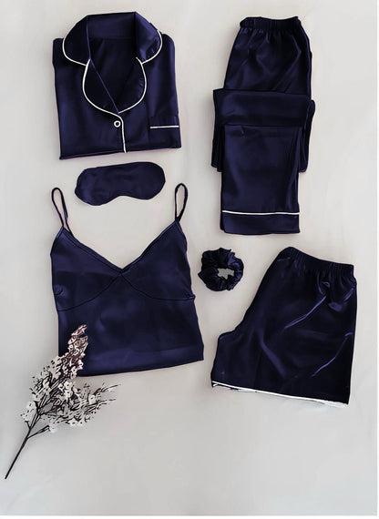 6-piece silk set, navy blue: pajama top, drawstring pants, camisole, shorts, sleep mask