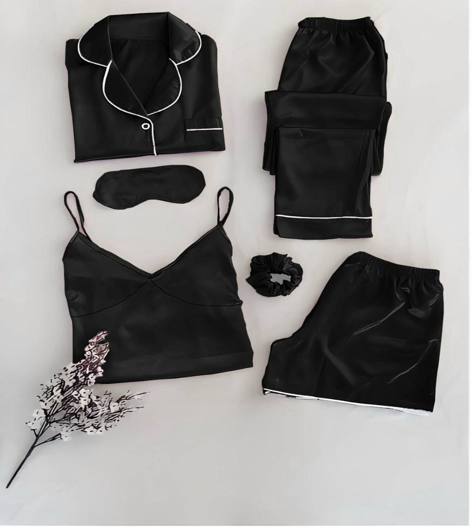 6-piece silk set, black: pajama top, drawstring pants, camisole, shorts, sleep mask