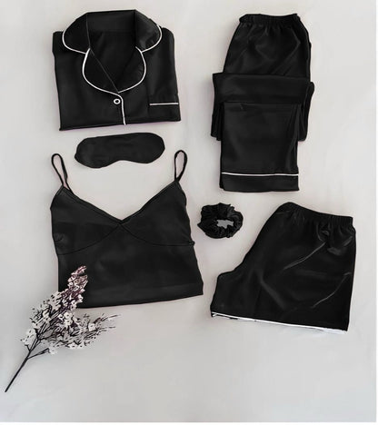 6-piece silk set, black: pajama top, drawstring pants, camisole, shorts, sleep mask