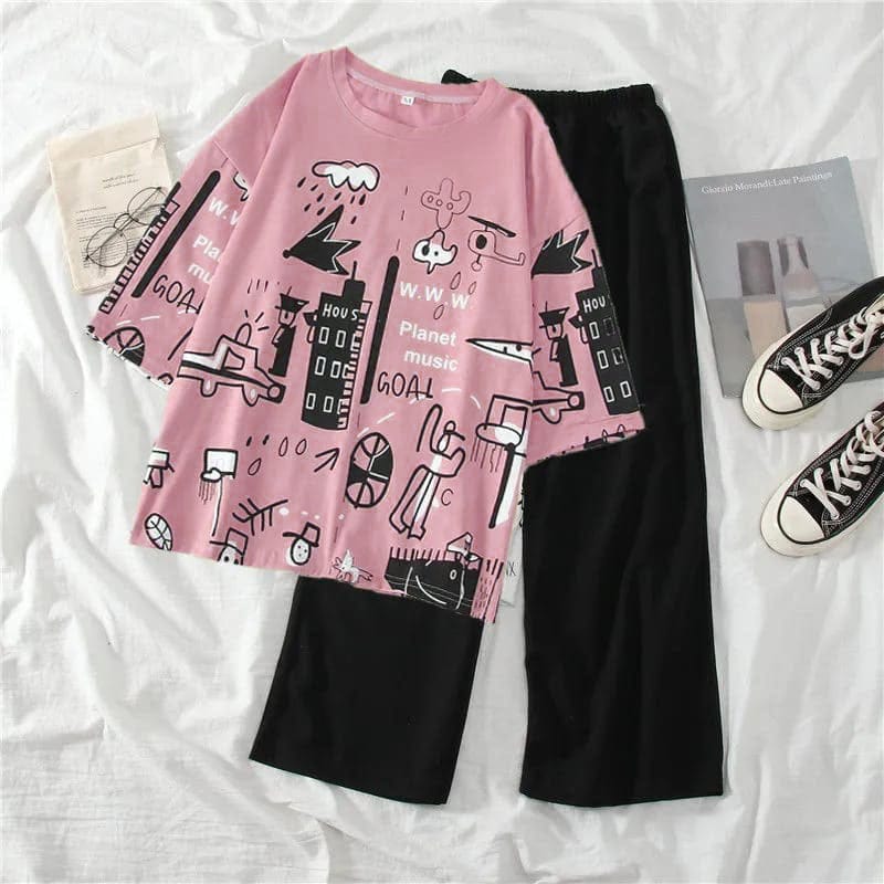Ladies printed PJ set: pink long-sleeve top and black pajama pants