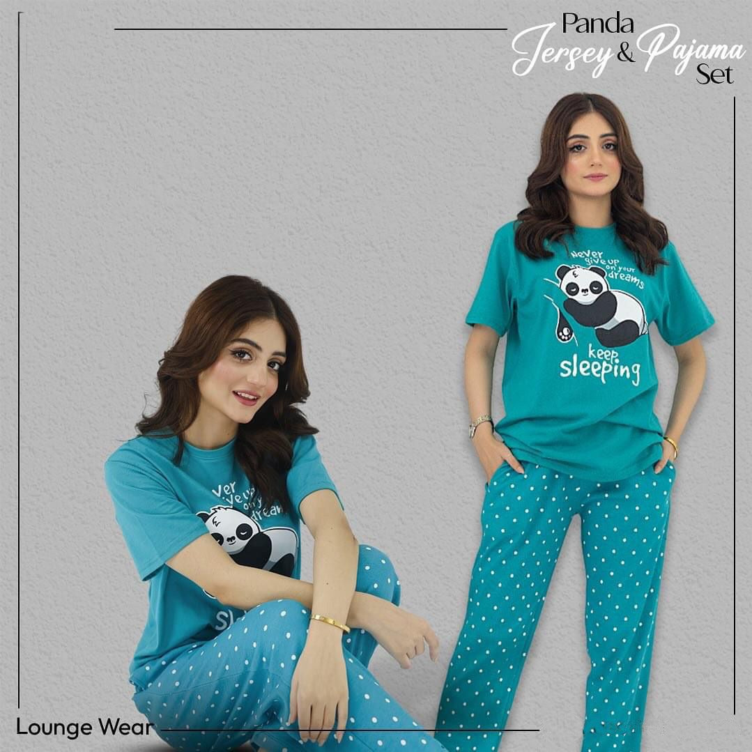 Sea green sleeping bear pajama set with panda graphic, short-sleeve tee and pants
