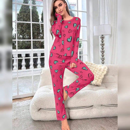 Pink heart-print long-sleeve PJ set with matching long pants, round neck