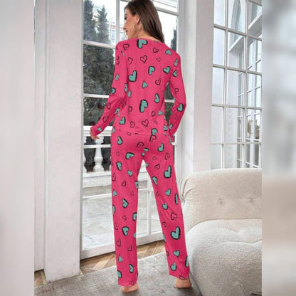 Pink heart-print long-sleeve PJ set with matching long pants, back view