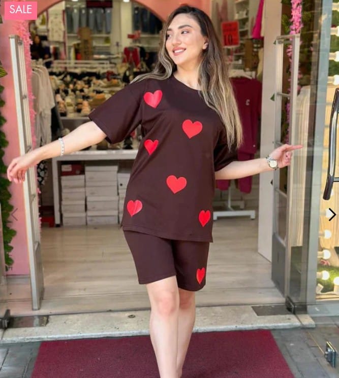 Brown heart-print short sleeve pajama set with matching shorts